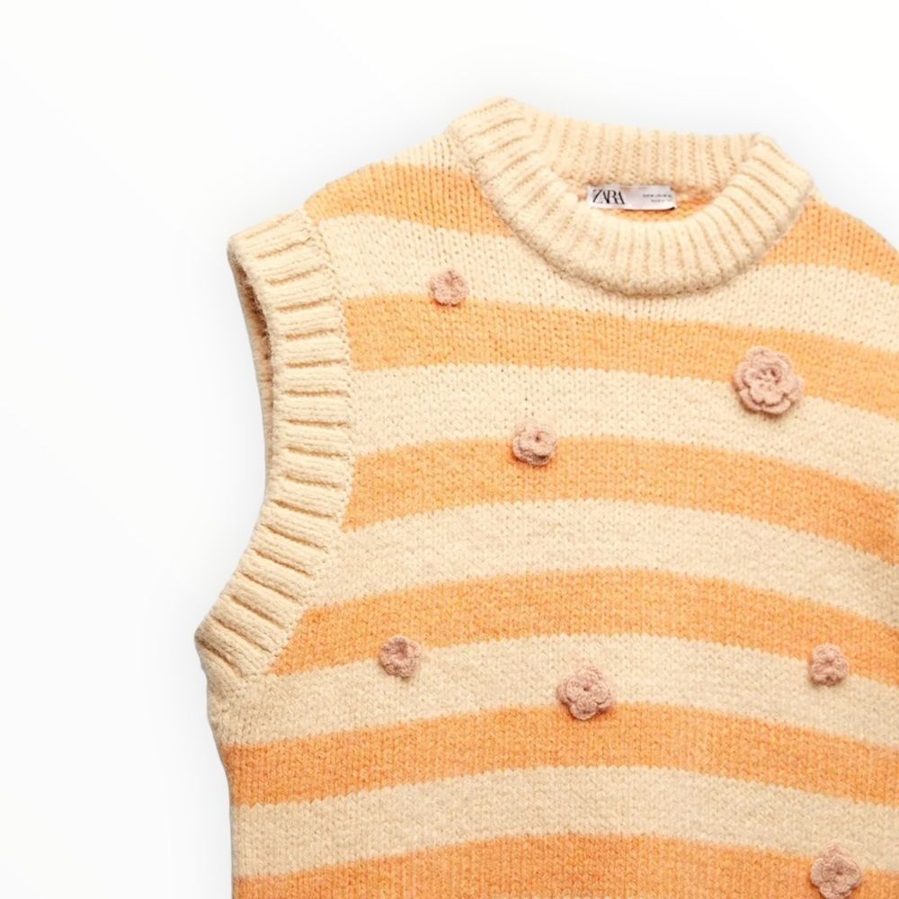 ZARA Orange Cream Striped Floral Knit Vest NWT Size L Textured Sweater Vest - Picture 3 of 9